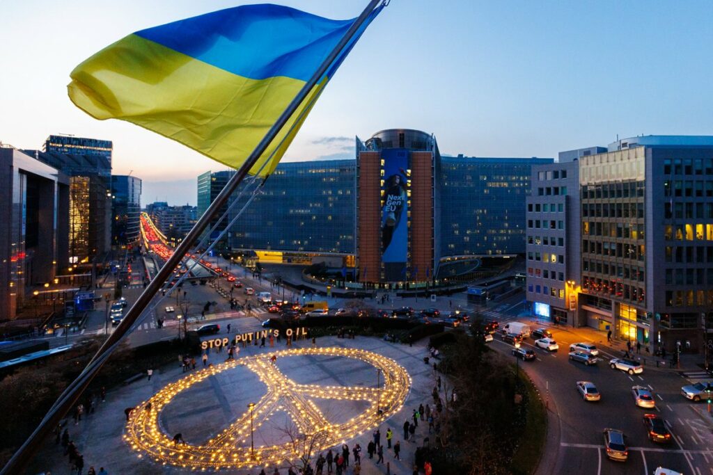 ‘Stop Putin’s oil’: Peace sign lit up in Schuman Square